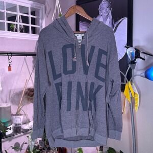 Victoria's Secret PINK Full Zip Hoodie Women Large Gray Excellent Love Pink Logo